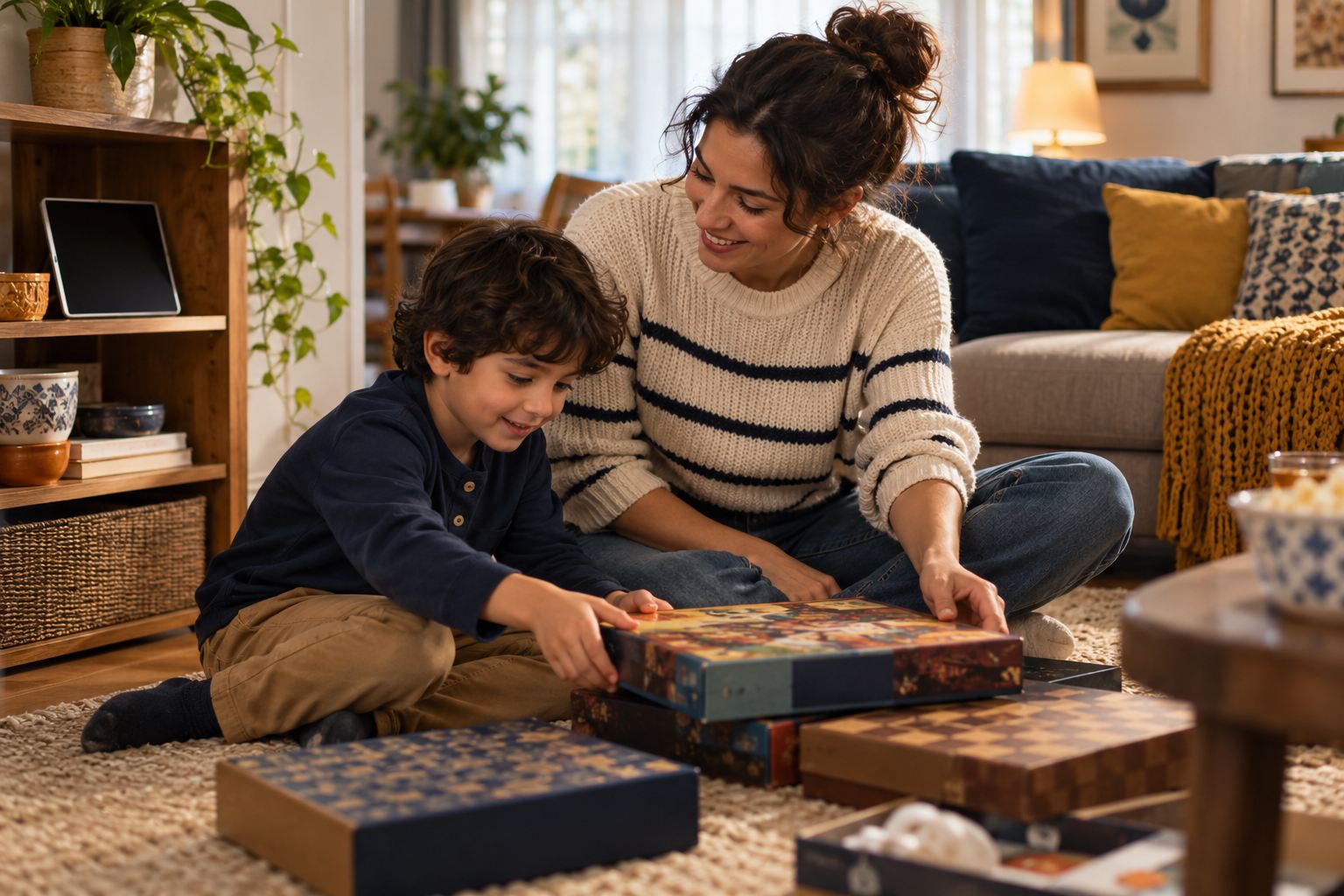 Aile bireylerinin ekran dışı bir masa oyunu seçtiği temsili sahne
